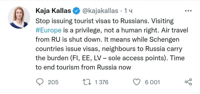 Estoniya bosh vaziri Yevropaga Rossiyadan turizmni to‘xtatishni buyurdi