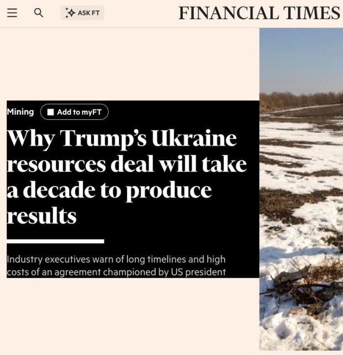 AQSh bilan yer osti boyliklari bo‘yicha kelishuv Ukrainaga tezda foyda keltirmaydi - FT AQSh bilan yer osti boyliklari bo‘yicha kelishuv Ukrainaga tezda foyda keltirmaydi - FT