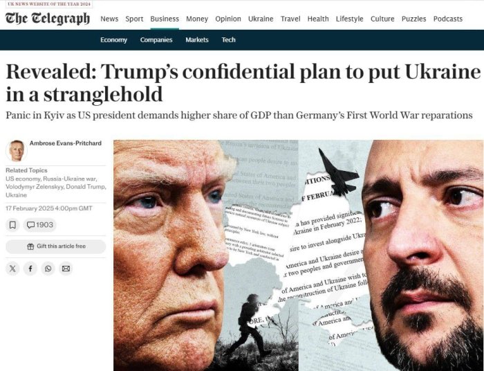 Trampning Ukraina resurslaridan foydalanish bo‘yicha shartlari urushdan keyin Germaniyaga yuklatilgan reparasiyalardan ham og‘irroqdir