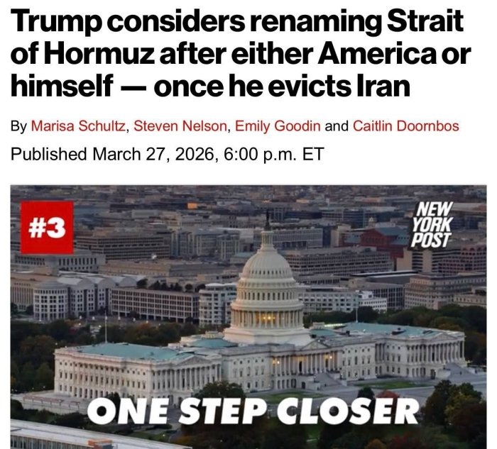 Tramp Ho‘rmuz bo‘g‘ozini "Amerika bo‘g‘ozi" yoki o‘z sharafiga qayta nomlamoqchi