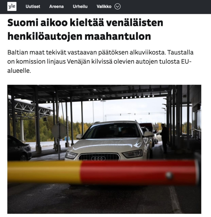 Finlandiya ham Rossiya raqamlari bo‘lgan avtomobillarning mamlakatga kirishini taqiqlaydi