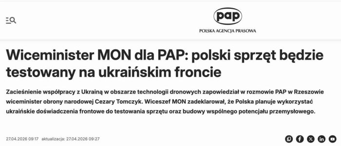 Полша ўз ҳарбий техникасини Украинадаги жанг майдонларида синовдан ўтказади