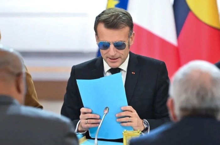 Makron ko‘zidagi muammo sabab uchrashuvga quyosh ko‘zoynakda keldi