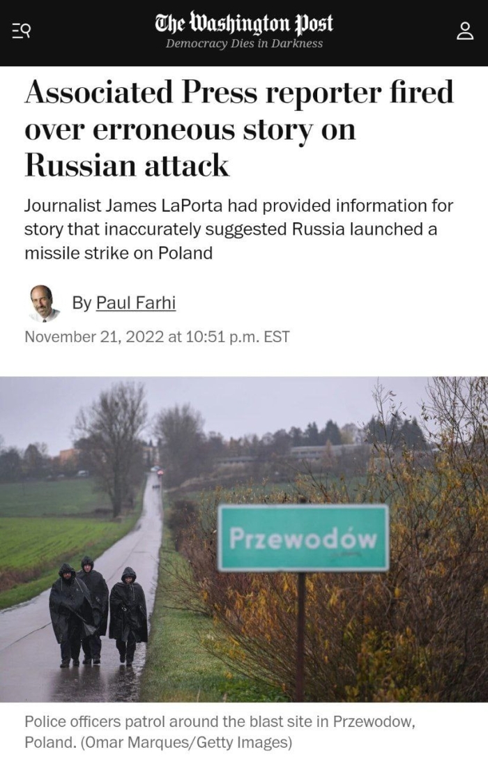 Associated Press журналисти Польшада “Россия ракетаси” қулагани ҳақидаги сохта хабар учун ишдан бўшатилди