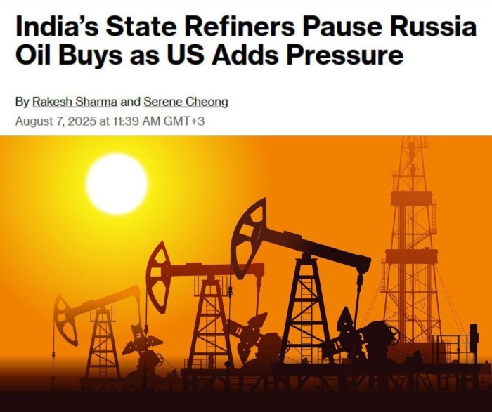 Ҳиндистон АҚШ босими остида Россия нефтини харид қилишни тўхтатмоқда