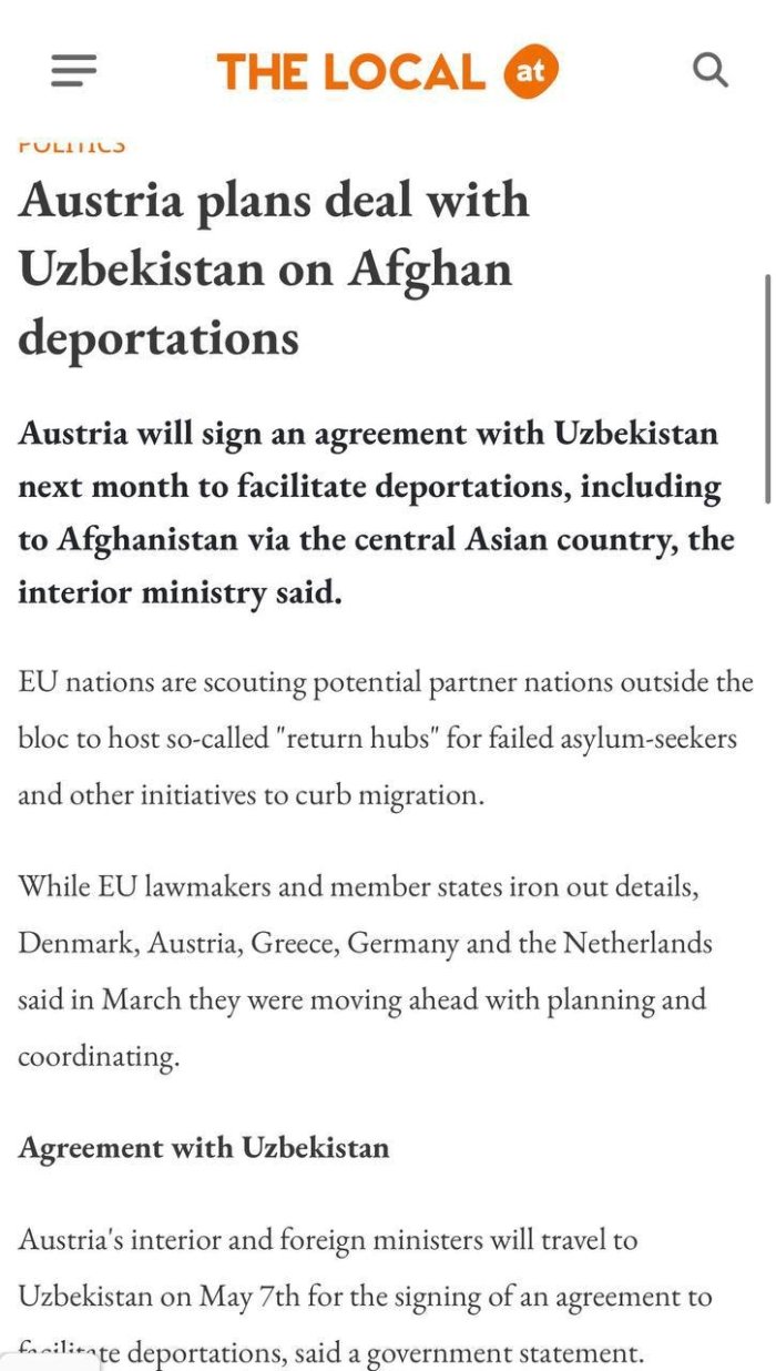 Avstriya hukumati mamlakatdagi noqonuniy afg‘on migrantlarini O‘zbekiston orqali o‘z yurtiga deportasiya qilishni rejalashtirmoqda