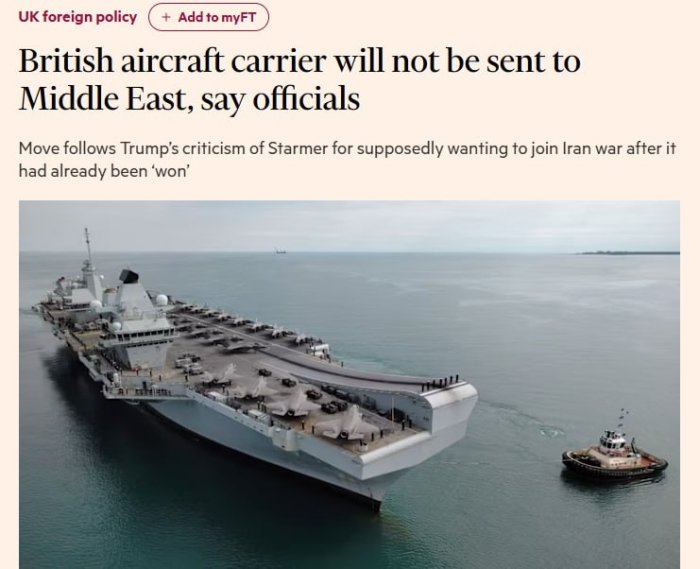 Buyuk Britaniya Yaqin Sharqqa Prince of Wales aviatashuvchisini yubormaydi