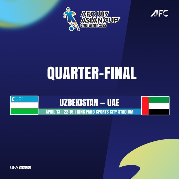 U17: Футболчиларимиз чорак финалда БАА билан ўйнайди