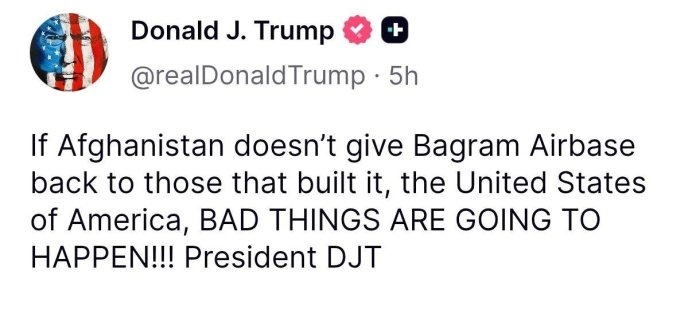  Tramp “Tolibon” Bagram aviabazasini AQShga qaytarmasa, Afg‘oniston salbiy oqibatlarga duch kelishidan ogohlantirdi