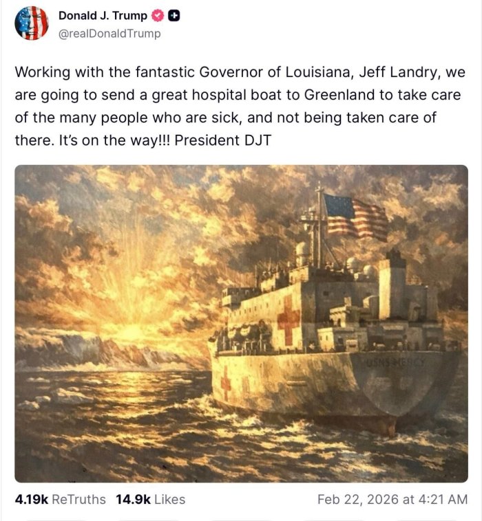 Tramp Grenlandiyaga shifoxona kabi jihozlangan kema yubormoqchi