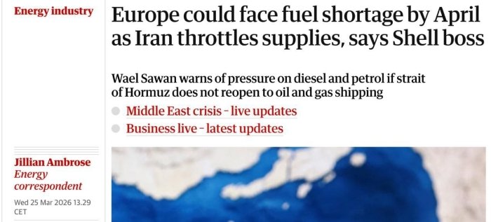 Ҳўрмуз бўғозининг ёпилиши сабабли Европа апрел ойидаёқ ёқилғи тақчиллигини ҳис қилиши мумкин – The Guardian