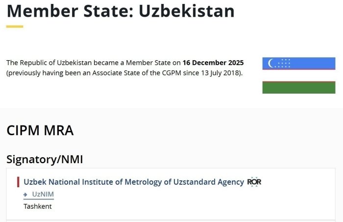 O‘zbekiston xalqaro metrologiya tizimiga to‘liq qo‘shildi