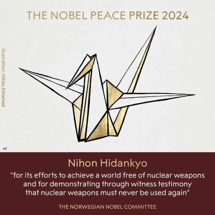 "Yadroviy quroldan holi dunyo": Tinchlik uchun Nobel mukofoti Nihon Hidankyo tashkilotiga berildi