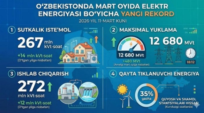 O‘zbekistonda mart oyida elektr energiyasi iste’moli bo‘yicha yangi rekord qayd etildi