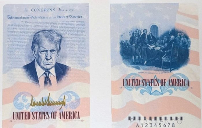 AQShda Trampning portreti tasvirlangan pasport chiqariladi