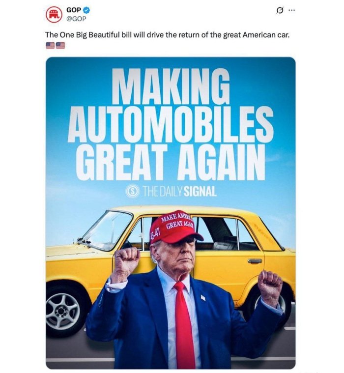 АҚШ Республикачилар партияси Трампнинг “Жигули” фонида тушган сурати билан пост эълон қилди — BBC