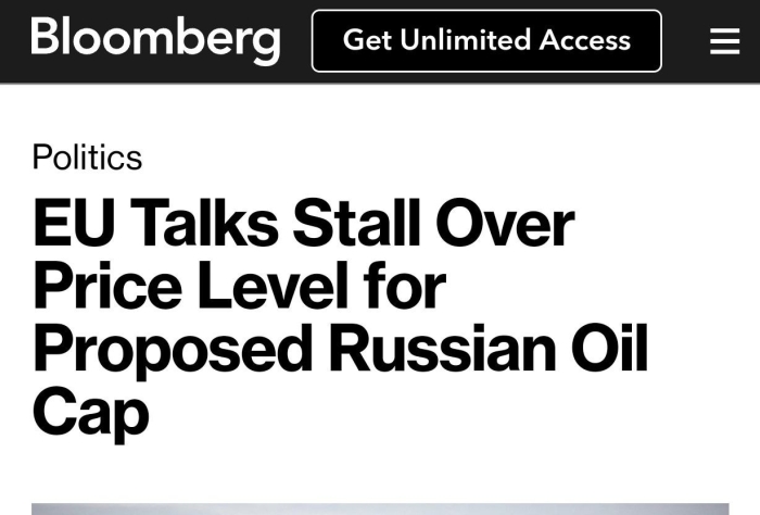 Evropa Ittifoqida Rossiya neftiga narx chegarasini belgilash bo‘yicha muzokaralar boshi berk ko‘chaga kirib qoldi — Bloomberg