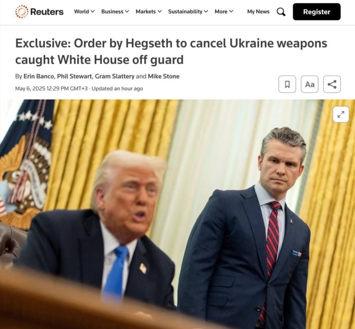 Февралда Украинага АҚШ ҳарбий ёрдамининг тўхтатилишини Трамп эмас, балки унинг мудофаа вазири Ҳегсет буюрган — Reuters