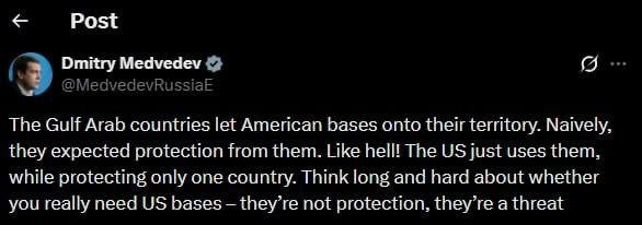 Медведев араб давлатларига АҚШ базалари улар учун таҳдид эканини айтди 
