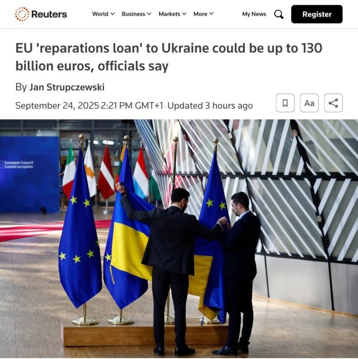 Evroittifoq Ukrainaga 130 milliard yevrogacha reparasion kredit ajratishi mumkin — Reuters 