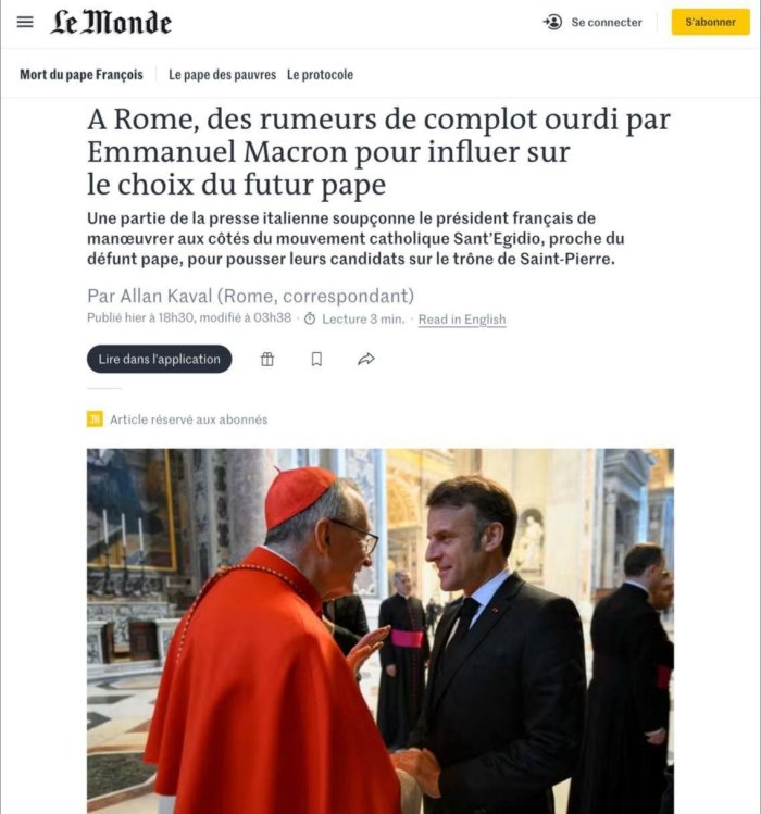 Italiyada Makronni Rim papasi saylovlariga ta’sir o‘tkazishga va taxtga o‘z nomzodini ilgari surishga urinishda gumon qilishmoqda — Le Monde Italiyada Makronni Rim papasi saylovlariga ta’sir o‘tkazishga va taxtga o‘z nomzodini ilgari surishga urinishda gumon qilishmoqda — Le Monde