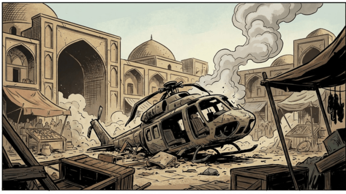 Эронда ҳарбий вертолёт бозорга қулади