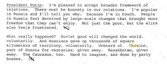  Путин Буш билан суҳбатларда Россия ўз ерларини Украина, Қозоғистон ва Кавказга бериб юборганми?