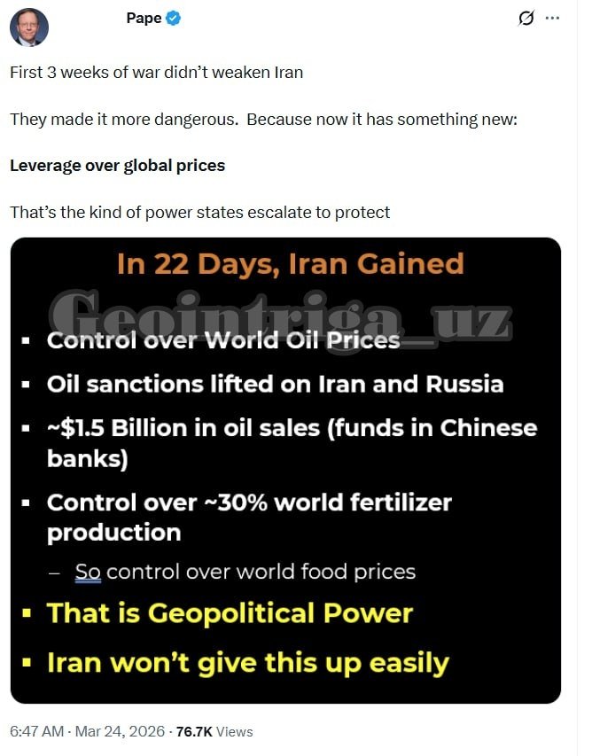 Пэйп: Яқин Шарқдаги уруш Эронни заифлаштирмади