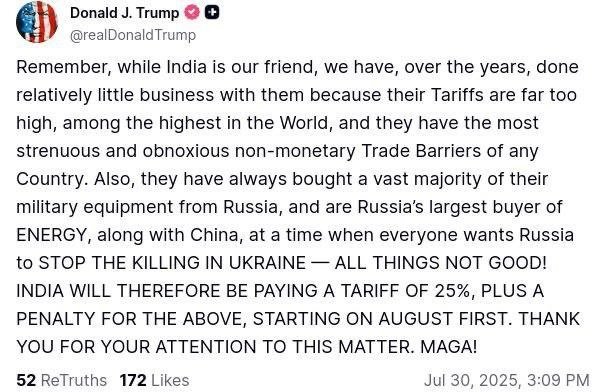 Трамп Ҳиндистондан импортга 25 фоизлик тарифлар жорий этилишини эълон қилди