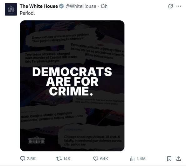  Оқ уй Трампнинг тарафдори Чарли Кирк ўлдирилганидан кейин Демократик партияни жиноятчиликни қўллаб-қувватлашда айблади