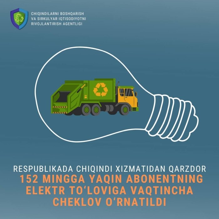 Chiqindi xizmatidan qarzdor 152 mingga yaqin abonentning elektr to‘loviga vaqtincha cheklov o‘rnatildi