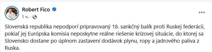 Словакия Европа Иттифоқининг Россияга қарши янги санкциялар пакетини қўллаб-қувватламайди 