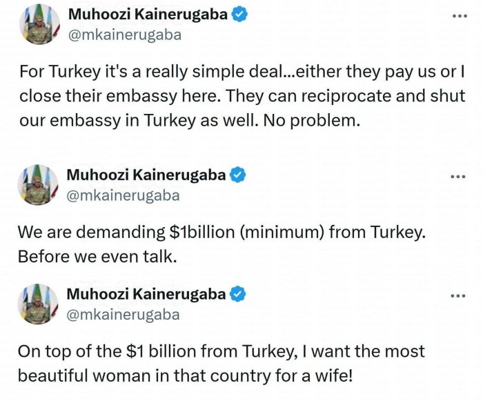 Уганда президентининг ўғли Туркиядан 1 млрд доллар ва “мамлакатнинг энг гўзал аёли”ни беришни талаб қилди