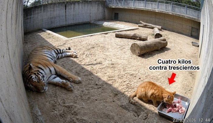 Мексикадги ҳайвонот боғида мушук йўлбарснинг овқатини ўғирлаб юрибди