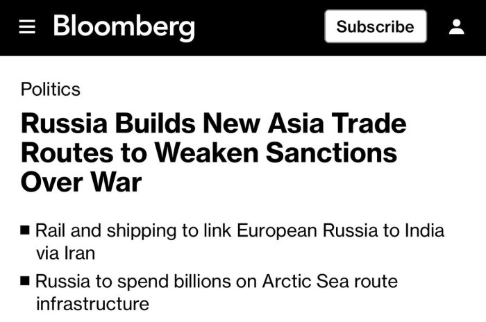 Bloomberg: Rossiya sanksiyalarni chetlab o‘tishga va Yevropa-Osiyo yangi transport yo‘laklarini rivojlantirishni tezlashtirishga harakat qilmoqda