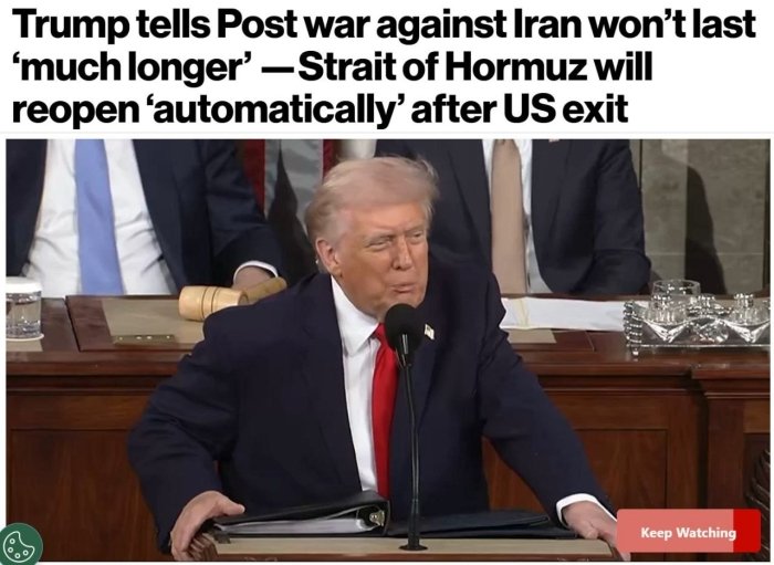 Eron bilan urush tez orada tugaydi va avtomatik tarzda Ho‘rmuz bo‘g‘ozi ochiladi