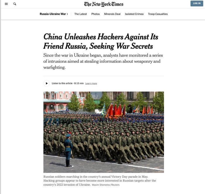 Хитой хакерлари Украина уруши бошлангандан сўнг Россия ҳарбий сирларини ўғирлашга ҳаракат қилмоқда