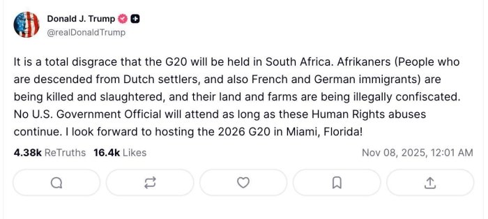 Tramp G20 sammitining Janubiy Afrikada o‘tkazilishini “haqiqiy sharmandalik” deb atadi va hech qaysi amerikalik amaldor u yerga bormasligini aytdi