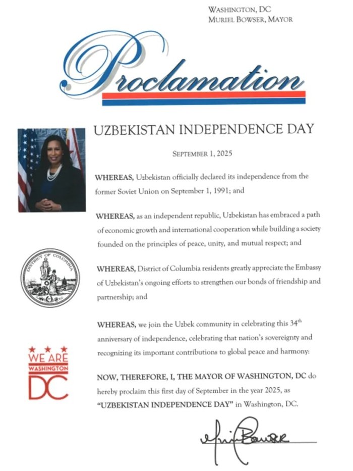 Vashingtonda 1 sentyabr – O‘zbekiston mustaqilligining 34 yilligi kuni deb e’lon qilindi
