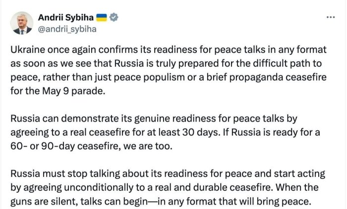Kiyev tinchlik muzokaralariga tayyor, Rossiya esa faqat gapirishni to‘xtatib, harakat qilishni boshlashi kerak – Ukraina Tashqi ishlar vaziri