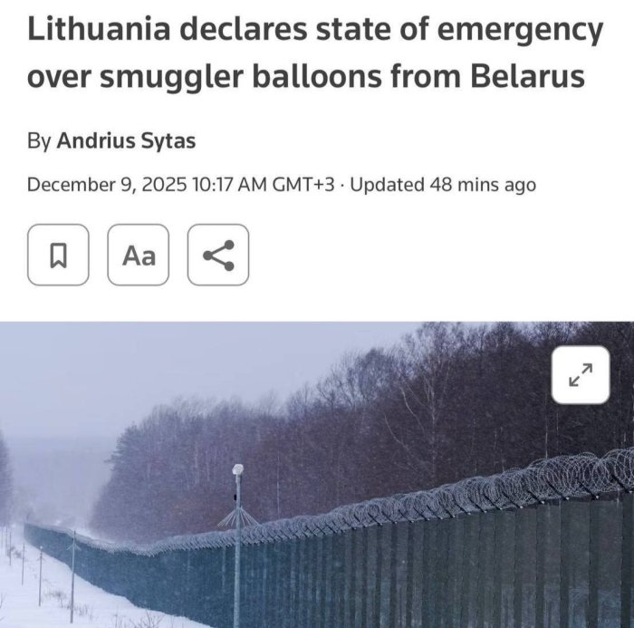 Литвада Беларусдан контрабанда олиб келаётган ҳаво шарлари туфайли фавқулодда ҳолат эълон қилинди — Reuters 