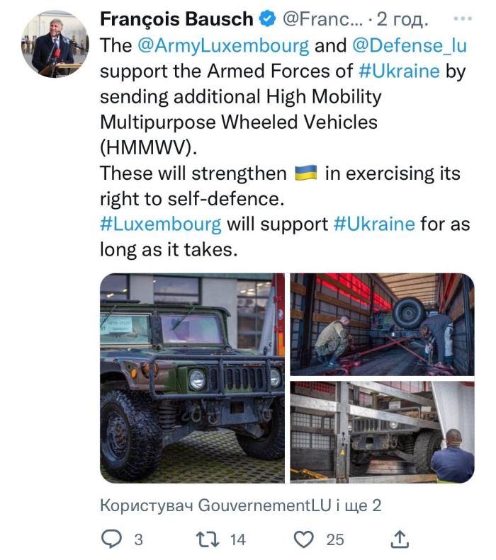 Lyuksemburg Ukrainaga HMMWV yuk tashuvchi furgonlarni topshirdi