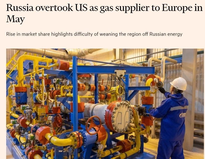 May oyida Rossiyadan Yevropaga gaz importi ikki yil ichida birinchi marta AQShdan yetkazib berilayotgan gaz hajmidan oshib ketdi — Financial Times