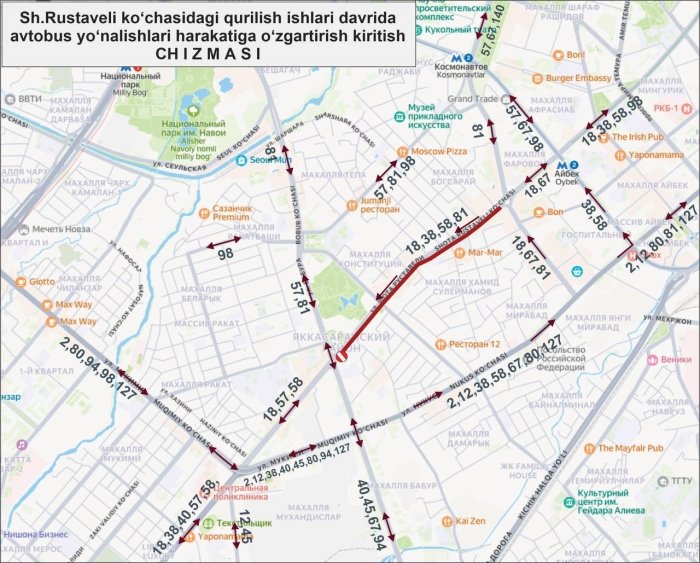 Toshkentda yana bir ko‘cha yopilishi sababli avtobuslar harakati o‘zgaradi