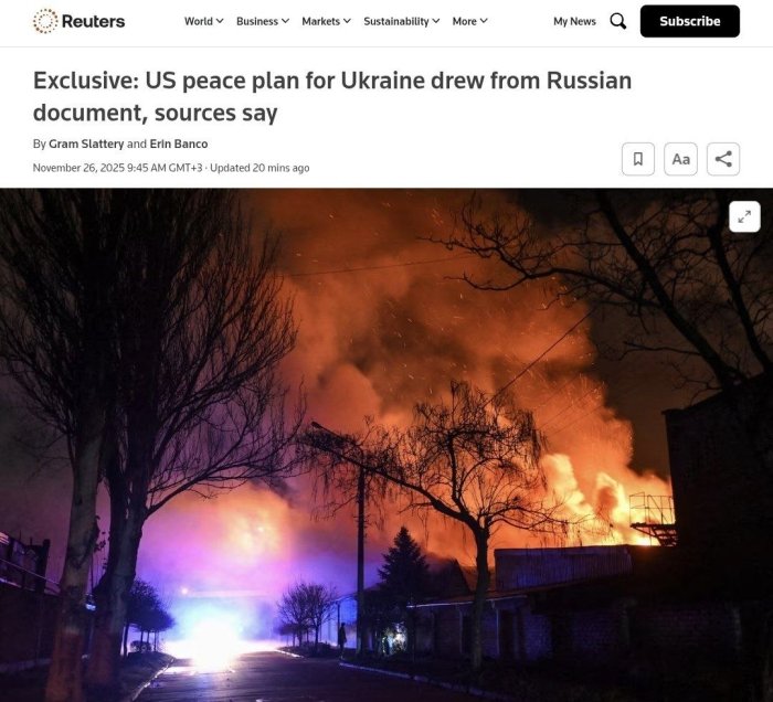 Reuters: АҚШнинг Украина бўйича 28 бандлик тинчлик режаси Россиядан олинган ҳужжат асосида тузилган