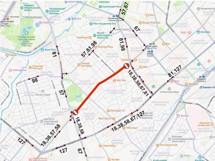 Шота Руставели кўчасида ҳаракат вақтинча чекланади — автобус йўналишларига ўзгариш киритилди