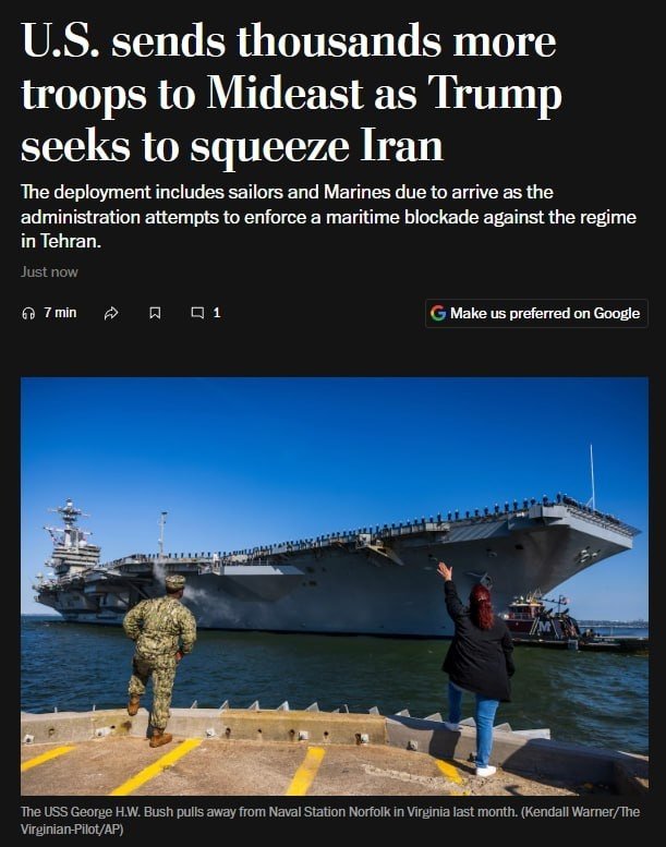  AQSh Eronga bosimni kuchaytirish uchun Yaqin Sharqqa qo‘shimcha 10 ming askar va harbiy kemalarini yubormoqda