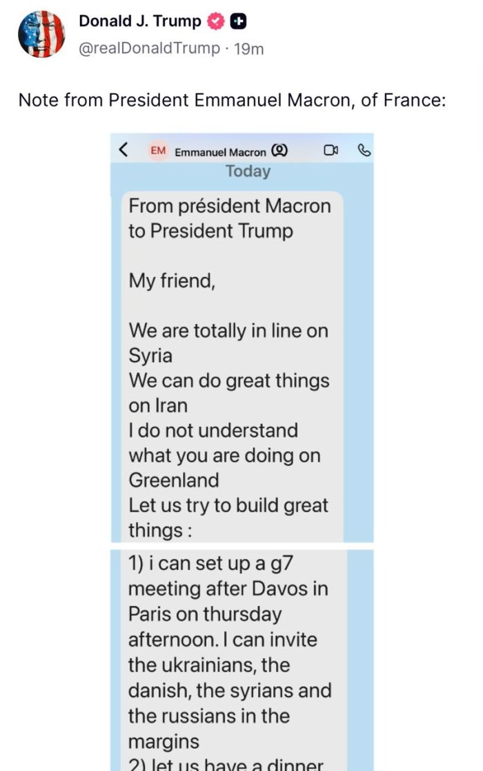 Tramp o‘zining Truth Social sahifasida Makrondan kelgan xabarni jamoatchilikka e’lon qildi