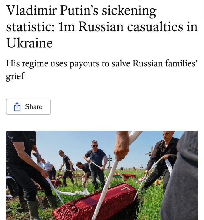 Putinning dahshatli statistikasi: Rossiyaning Ukraina urushdagi yo‘qotishlari 1 million kishidan oshgan — The Economist 