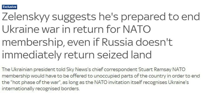 Zelenskiy NATO'ga a’zo bo‘lish evaziga bosib olingan hududlarni qaytarmasdan Ukrainadagi urushni tugatishga tayyorligini aytdi